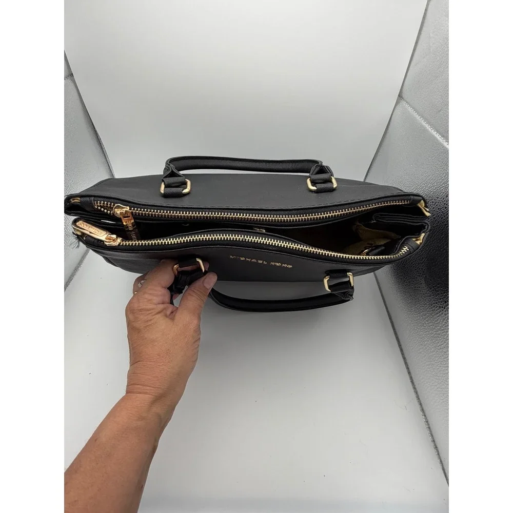 Michael Kors Black Saffiano Leather Tote Bag Gold Hardware MK Logo Handbag